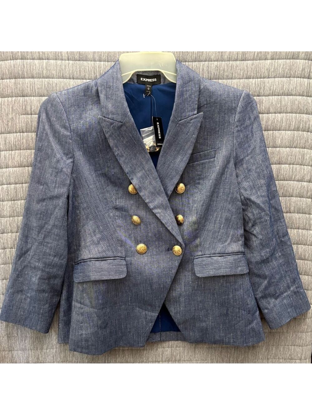 Express Heather Blue Double-Breasted Blazer Gold Buttons Medium Petite NWT